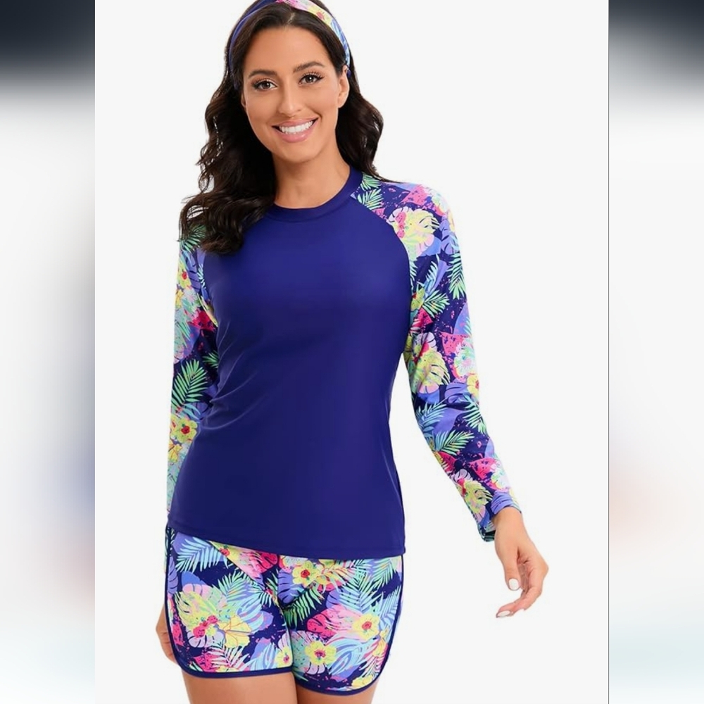 Girls Long Sleeve Swimsuit 2 Piece Rash Guard Quick Dry blue sz 13-14y